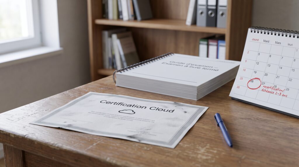 Certificat de certification Google Cloud Platform posé sur un bureau avec un calendrier et un carnet en arrière-plan.
