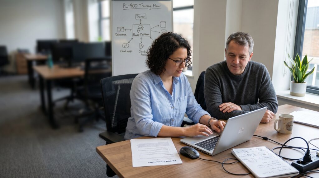 Deux personnes travaillant ensemble sur un ordinateur portable, examinant des documents dans un bureau, illustrant la préparation à la certification Microsoft Power Platform.