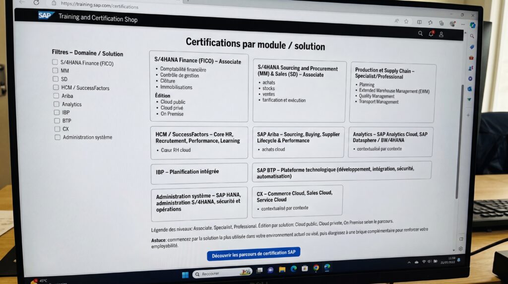 Capture d'écran montrant les certificats SAP par module et leur validation.