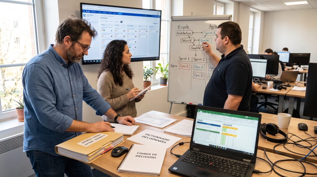 Trois professionnels en réunion, discutant autour d'un tableau blanc et d'un ordinateur portable, avec des documents sur la table.