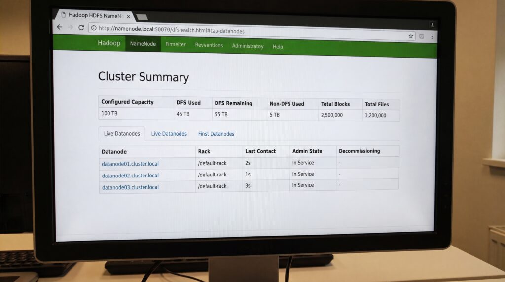 Capture d'écran montrant le résumé d'un cluster Hadoop avec des informations sur la capacité et l'utilisation du système.