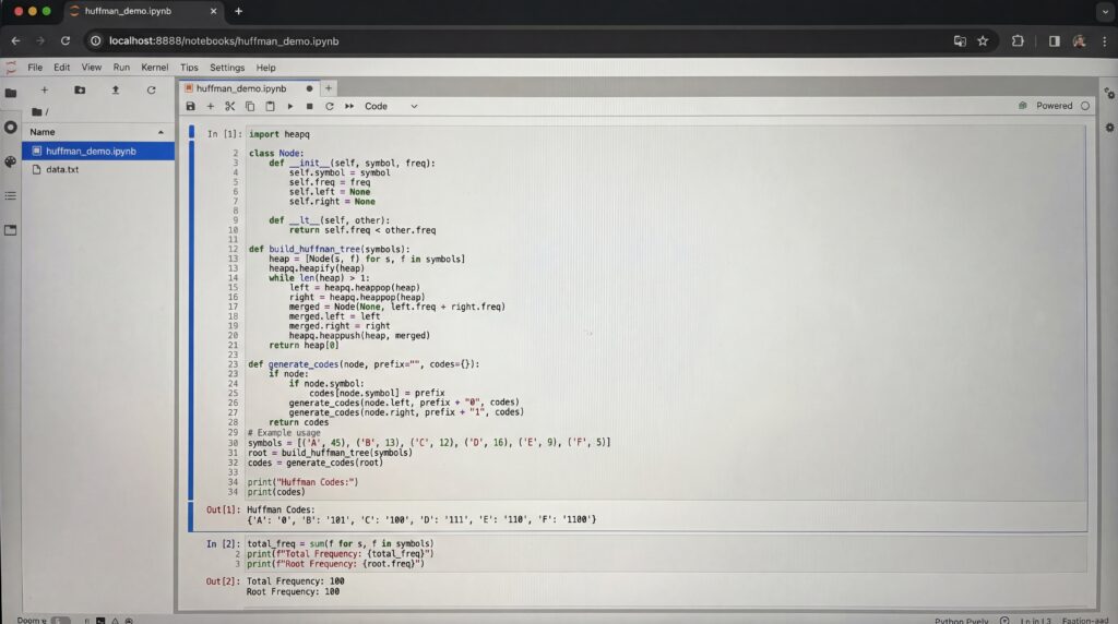 Capture d'écran montrant du code source lié au codage de Huffman dans un environnement de développement intégré.