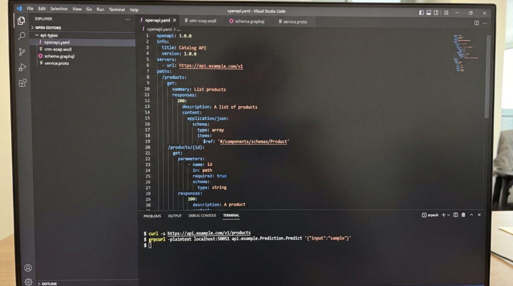 Écran d'ordinateur affichant du code de création d'une API avec des éléments de programmation visible.