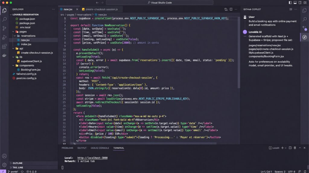 Capture d'écran de code pour le développement d'une application web avec interaction IA.