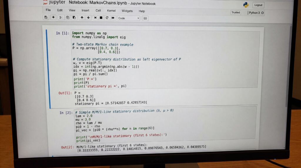Capture d'écran d'un code montrant un exemple d'application de la chaîne de Markov.