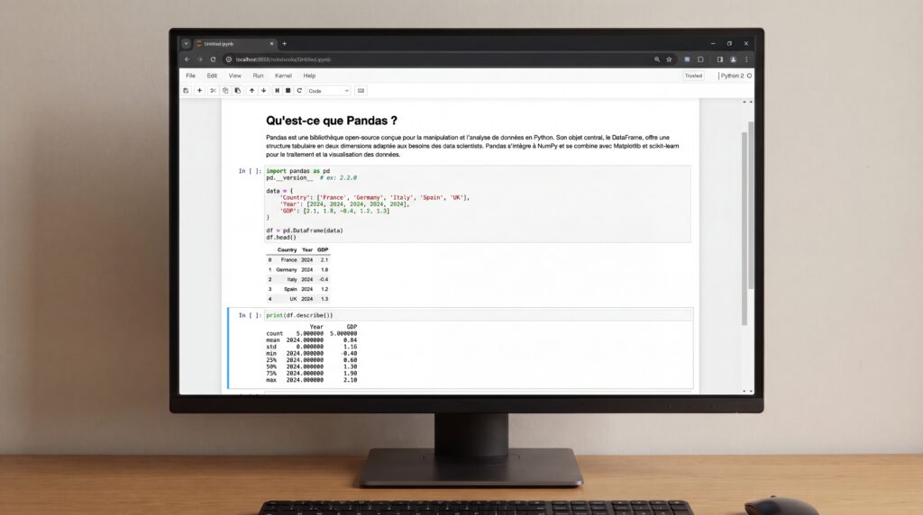 Écran d'ordinateur affichant un exemple de code Python utilisant la bibliothèque Pandas pour l'analyse de données.