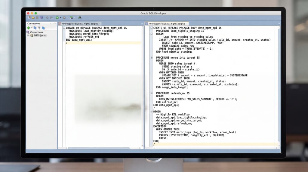 Écran d'ordinateur affichant un éditeur de code avec des lignes de programmation en PL/SQL pour la gestion des bases de données.