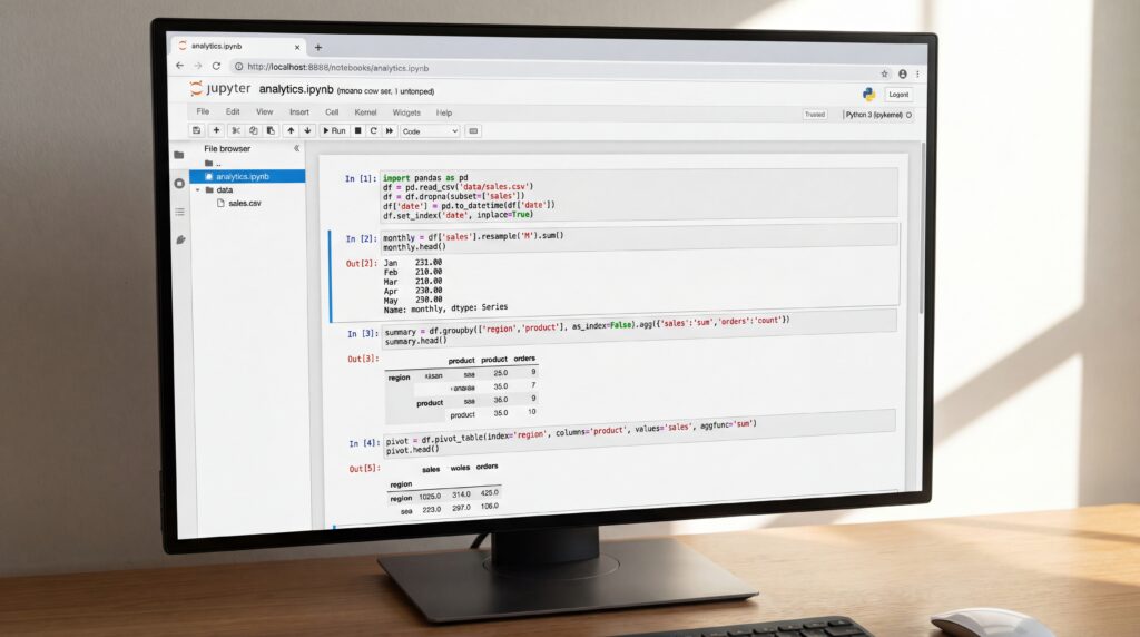 Écran d'ordinateur affichant du code Python pour manipuler des DataFrames avec la bibliothèque Pandas.