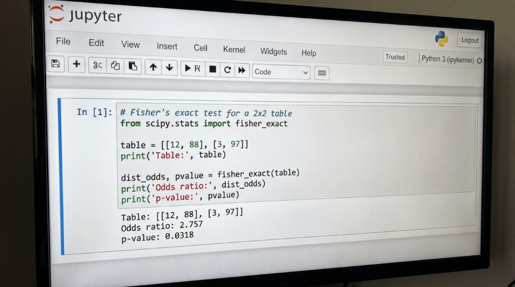 Capture d'écran d'un code Python dans Jupyter Notebook, illustrant une analyse statistique pour la formation Odoo.