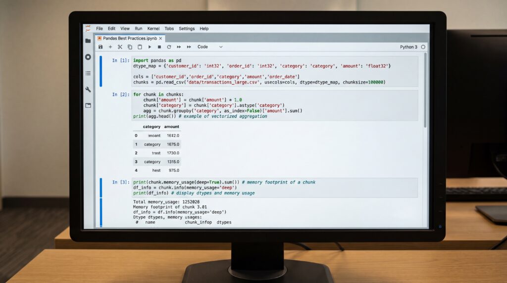 Écran montrant un code Python utilisant la bibliothèque Pandas pour des analyses de données.