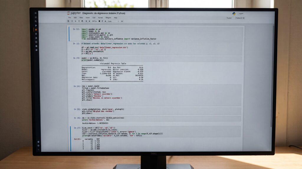 Écran d'ordinateur affichant un code Python pour la régression linéaire.