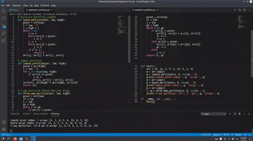 Capture d'écran de code montrant l'implémentation de l'algorithme de tri rapide (quicksort) avec des commentaires explicatifs.