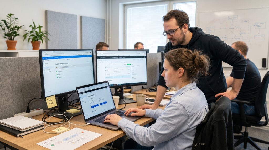 Deux collaborateurs en train de discuter devant un ordinateur portable et des écrans dans un bureau moderne.