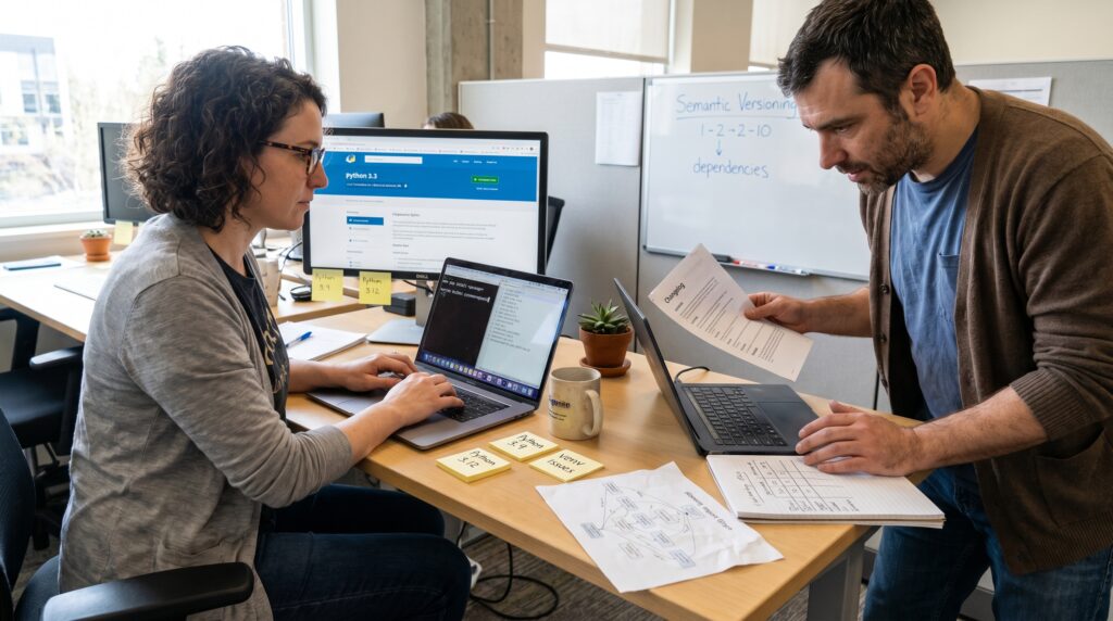 Deux collaborateurs discutent et travaillent sur des ordinateurs portables dans un bureau moderne.