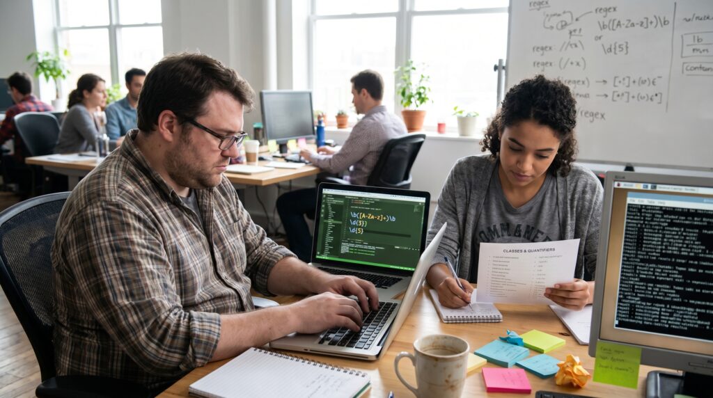Deux personnes collaborant sur un projet de programmation, avec un ordinateur affichant du code et des notes à côté.