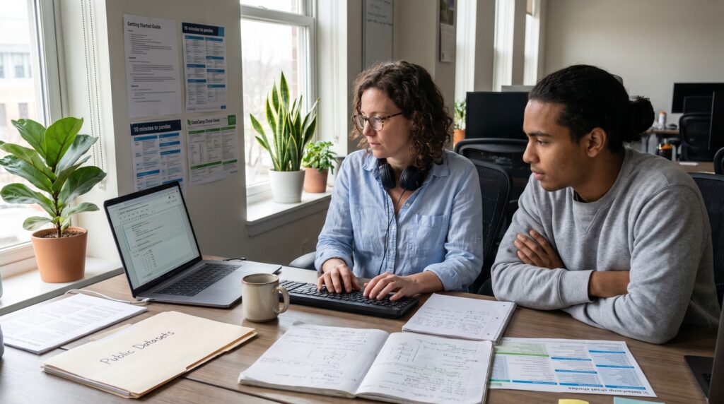 Deux personnes en réunion de travail, analysant des données sur un ordinateur portable avec des documents et des graphiques sur une table.