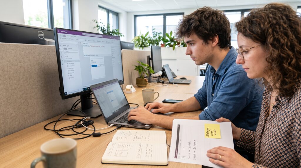 Deux collaborateurs se concentrant sur un projet de développement avec Power FX, utilisant un ordinateur portable et un écran d'ordinateur.