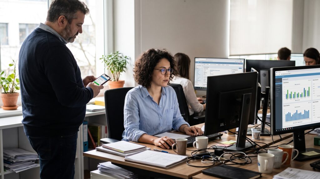 Deux personnes travaillant dans un bureau, l'une utilisant un ordinateur pour l'analyse de données, tandis que l'autre consulte un téléphone portable.