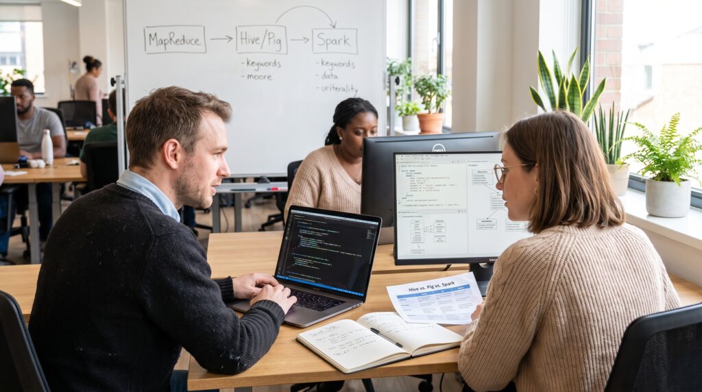 Deux personnes en discussion autour d'une table dans un bureau moderne, avec des ordinateurs portables et des écrans affichant des données tech.