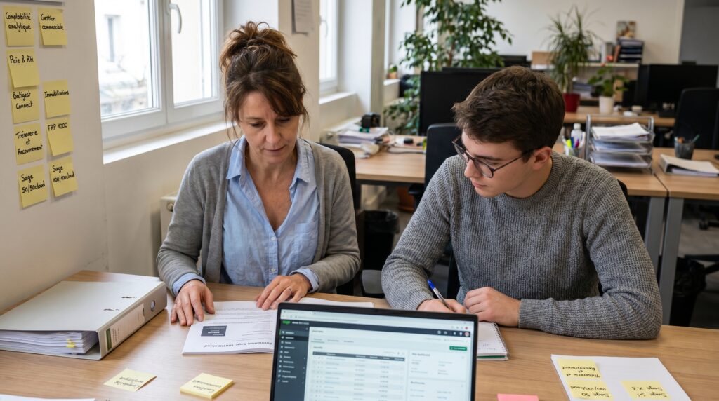 Deux personnes travaillant ensemble à un bureau, examinant des documents et utilisant un ordinateur, avec des post-it en arrière-plan.