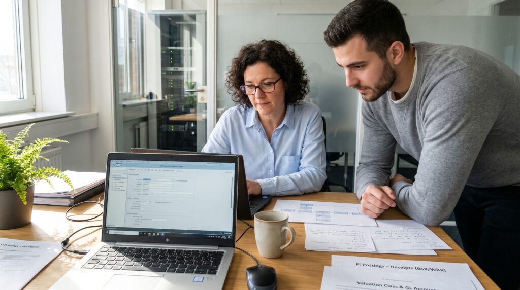 Deux collègues examinant des documents et travaillant sur un ordinateur portable dans un bureau moderne.