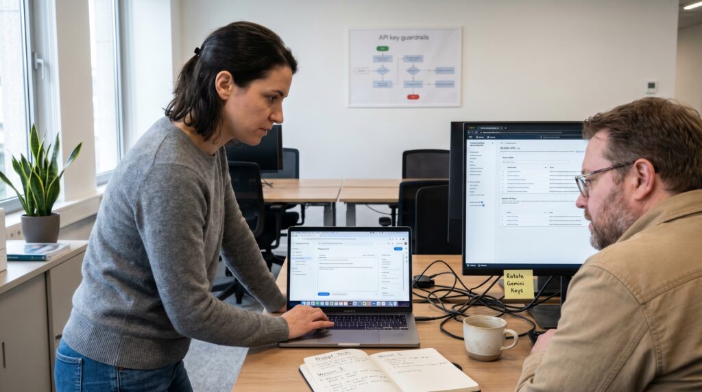 Deux personnes collaborant dans un bureau, l'une travaillant sur un ordinateur portable et l'autre discutant à côté d'un écran d'ordinateur.