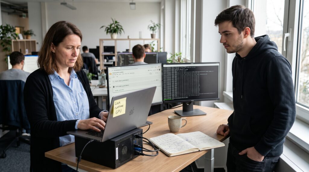 Une femme travaillant sur un ordinateur portable, tandis qu'un homme se penche pour discuter avec elle dans un bureau moderne.