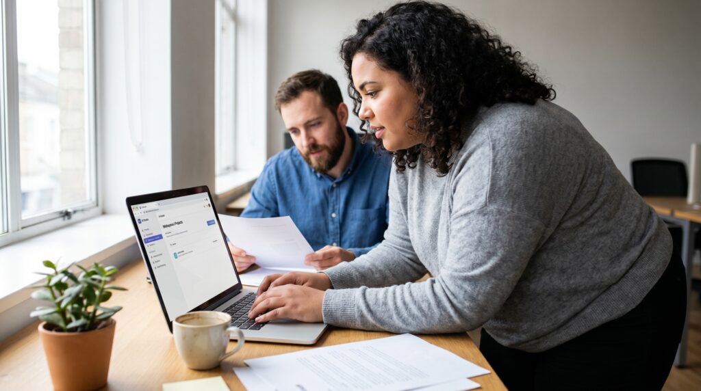Une femme et un homme collaborant au bureau, travaillant sur un ordinateur portable avec des documents à portée de main.