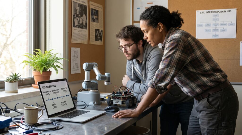 Deux personnes collaborant sur un projet de robotique, examinant un ordinateur portable avec des composants électroniques sur la table.