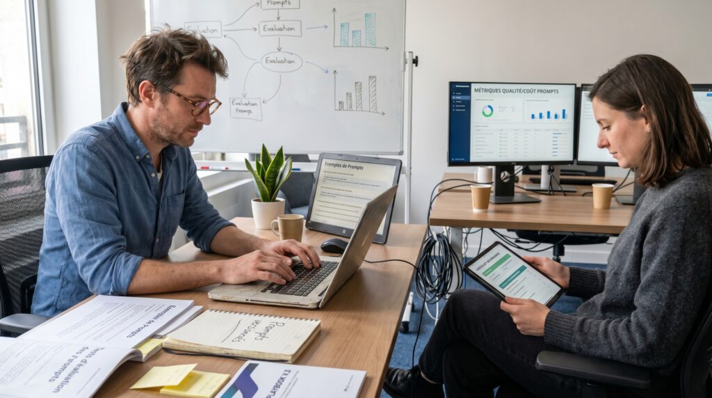Deux professionnels travaillant ensemble dans un bureau moderne, l'un sur un ordinateur portable et l'autre sur une tablette, entourés de graphiques et de documents.