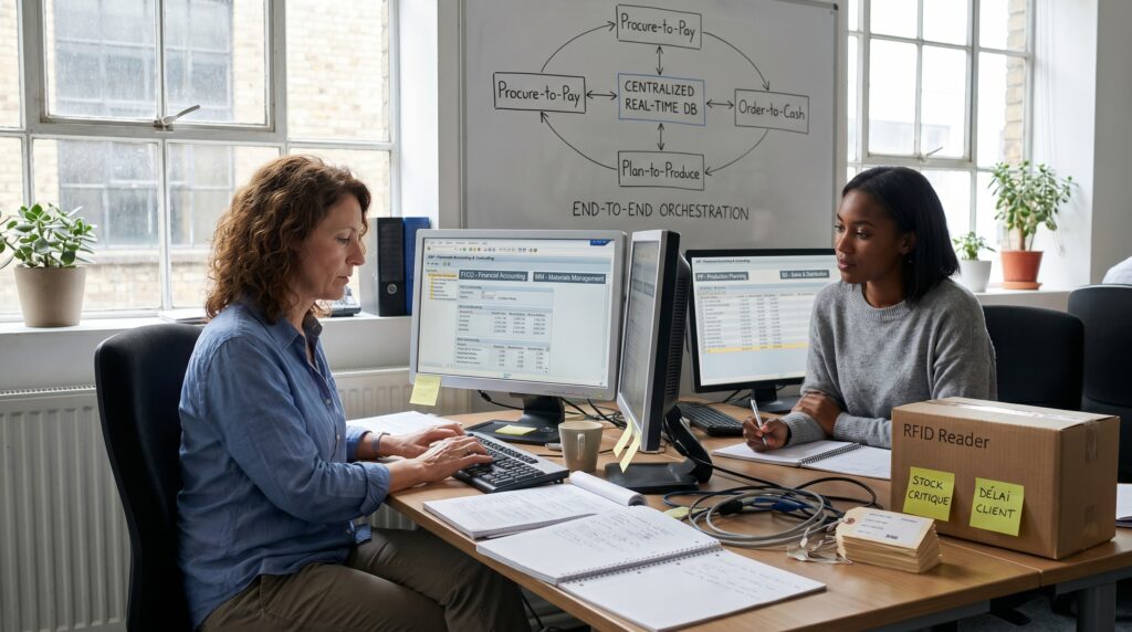 Deux collaboratrices discutant devant des ordinateurs dans un bureau lumineux avec des documents sur la table.