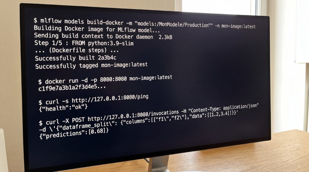 Écran affichant des commandes Docker pour le déploiement de modèles MlFlow dans un projet de Data Science.