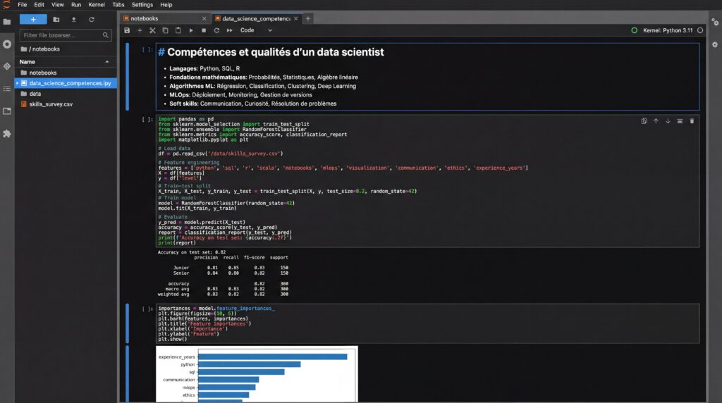 Capture d'écran montrant des compétences essentielles pour un data scientist, incluant des lignes de code et un graphique à barres.