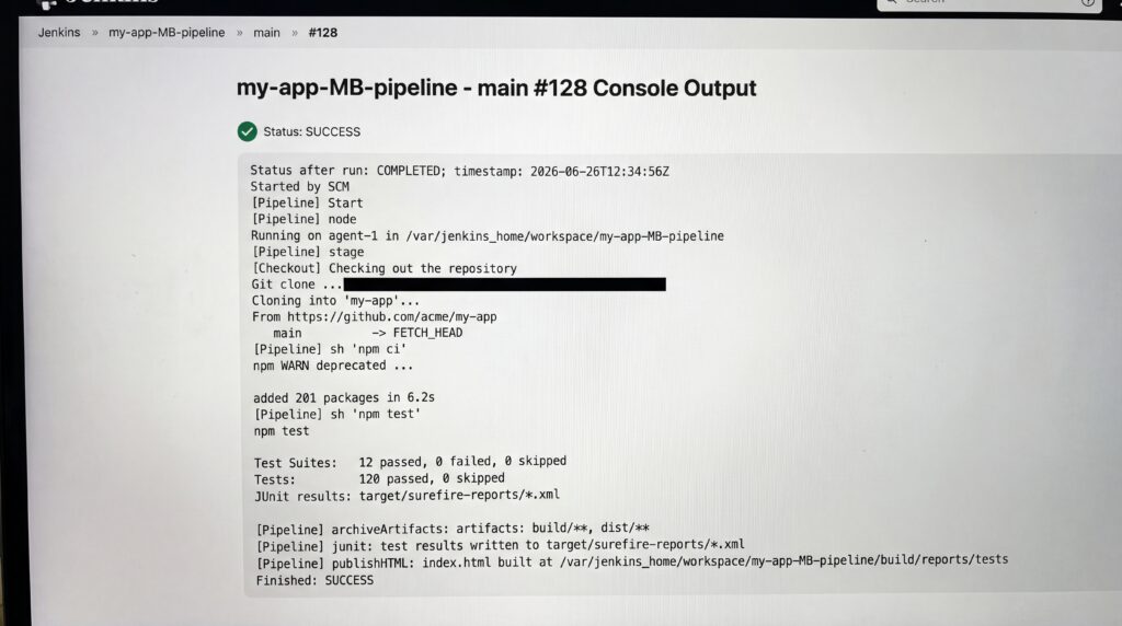 Capture d'écran montrant la sortie de console d'un pipeline Jenkins avec des informations de configuration et d'exécution.