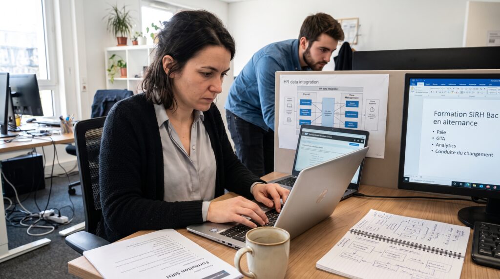 Une femme travaillant sur un ordinateur portable dans un bureau, avec un homme en arrière-plan, entourés de documents et d'écrans d'ordinateur.