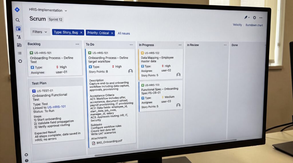Capture d'écran d'un tableau de bord SIRH affichant des informations sur les tâches et les projets.