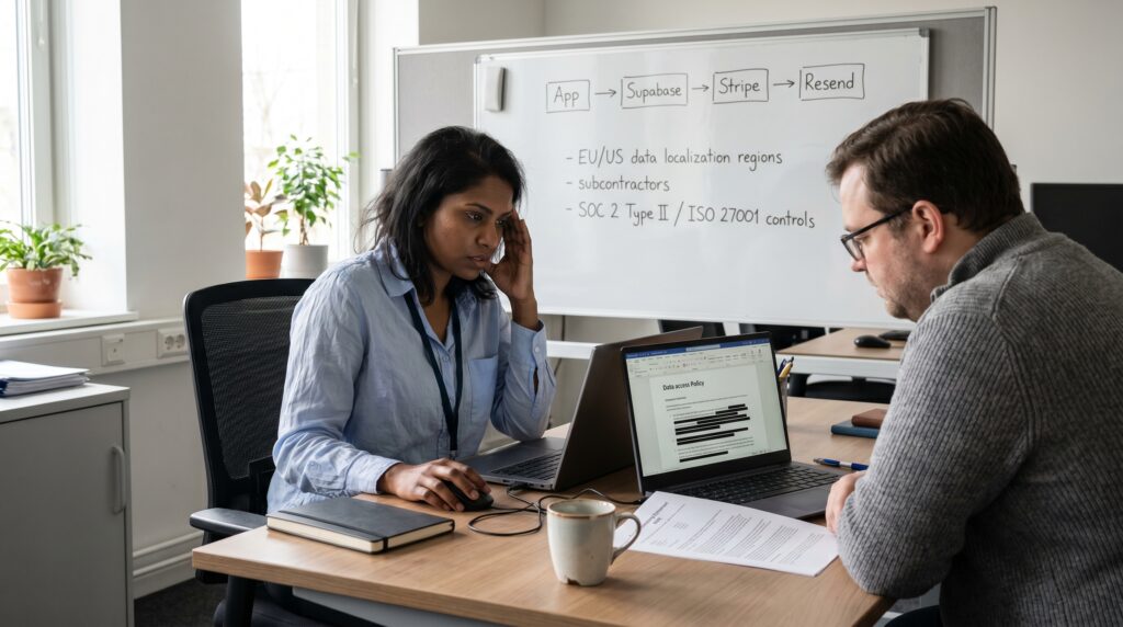 Deux utilisateurs discutant autour d'un ordinateur portable tout en examinant des graphiques sur un tableau blanc.