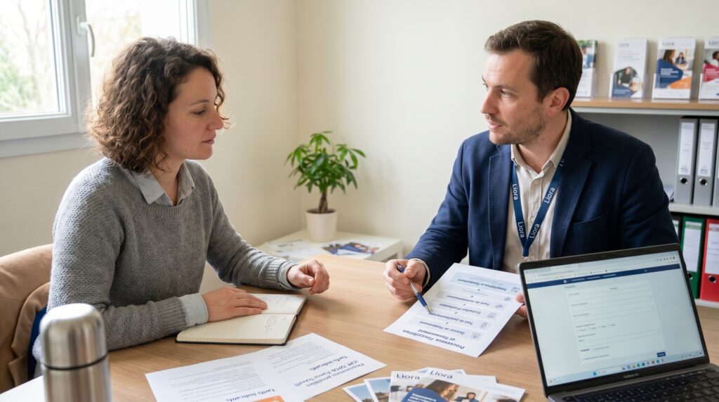 Deux personnes discutant autour d'une table, avec des documents et un ordinateur portable, dans un cadre de formation sur l'ERP Odoo.