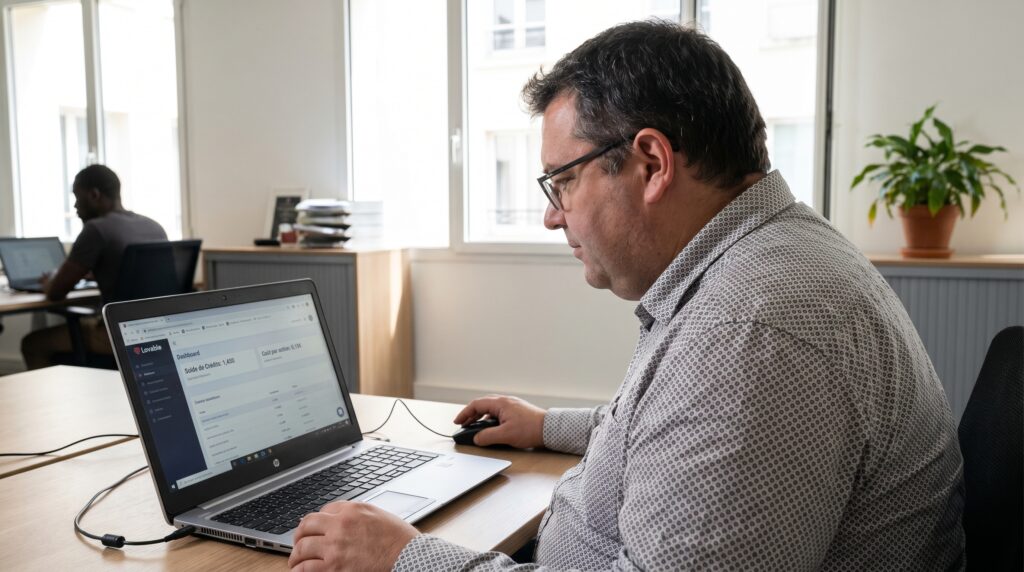 Un homme travaillant sur un ordinateur portable, développé une application web en discutant avec une intelligence artificielle.
