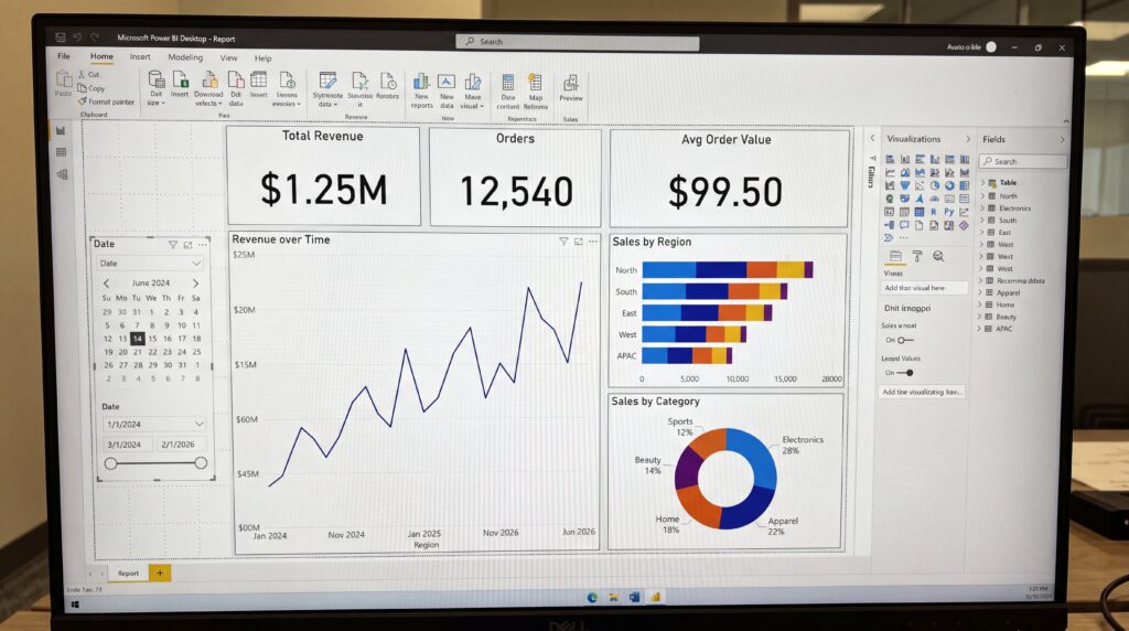 Écran affichant un tableau de bord avec des graphiques montrant des données de performance, y compris des revenus, des chiffres de ventes et des moyennes de commandes.