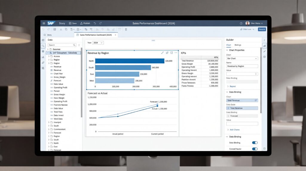 Écran d'ordinateur affichant un tableau de bord de données avec des graphiques représentant les performances des logiciels SAP.