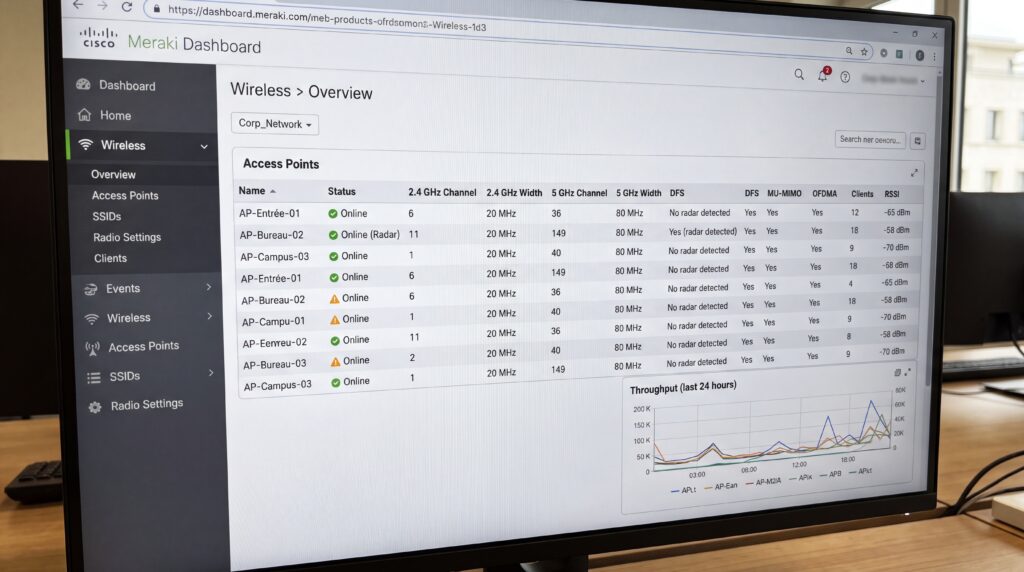 Écran affichant un tableau de bord avec des données sur la performance des points d'accès réseau WLAN/WiFi.