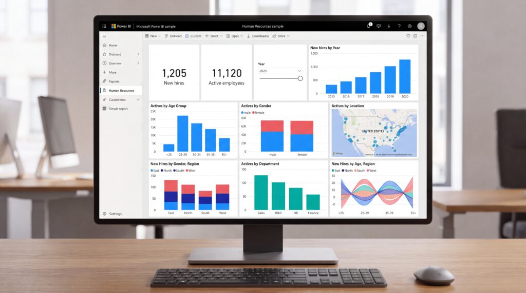 Écran d'ordinateur affichant un tableau de bord avec divers graphiques, diagrammes et données analytiques.