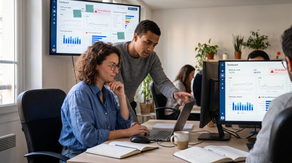Une équipe au bureau examinant des graphiques sur des écrans d'ordinateur, mettant en avant l'utilisation des tableaux de bord.