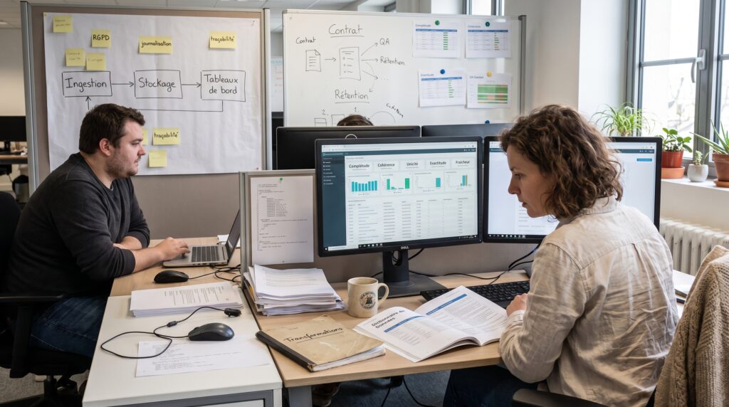 Deux data analysts travaillant dans un bureau moderne, avec des ordinateurs affichant des graphiques et des tableaux de données.