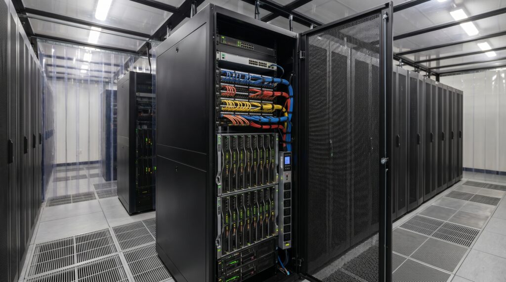 Vue intérieure d'un data center avec des serveurs et des équipements technologiques bien organisés.