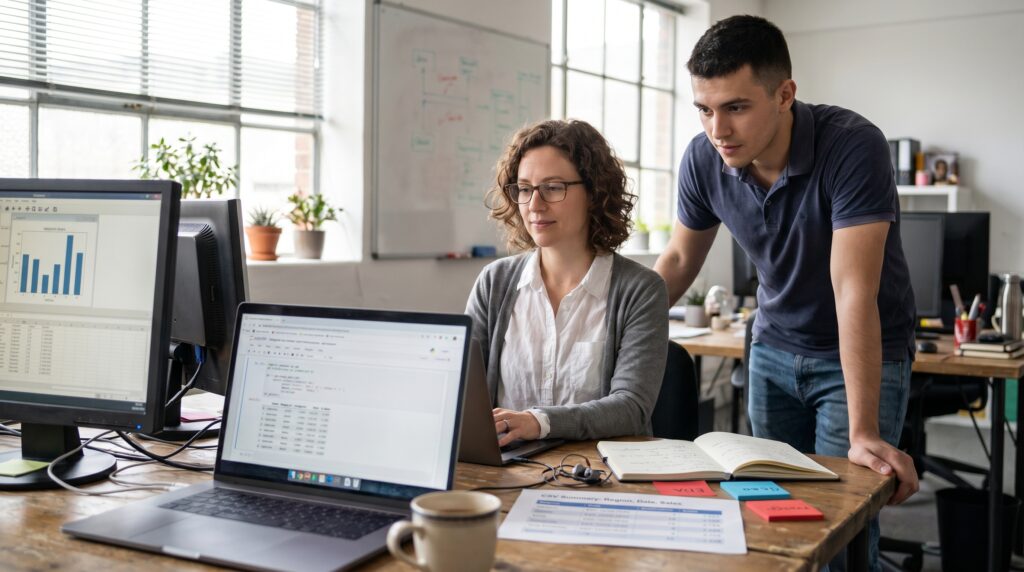 Une femme et un homme travaillant sur des ordinateurs, analysant des données avec des graphiques à l'écran dans un bureau lumineux.