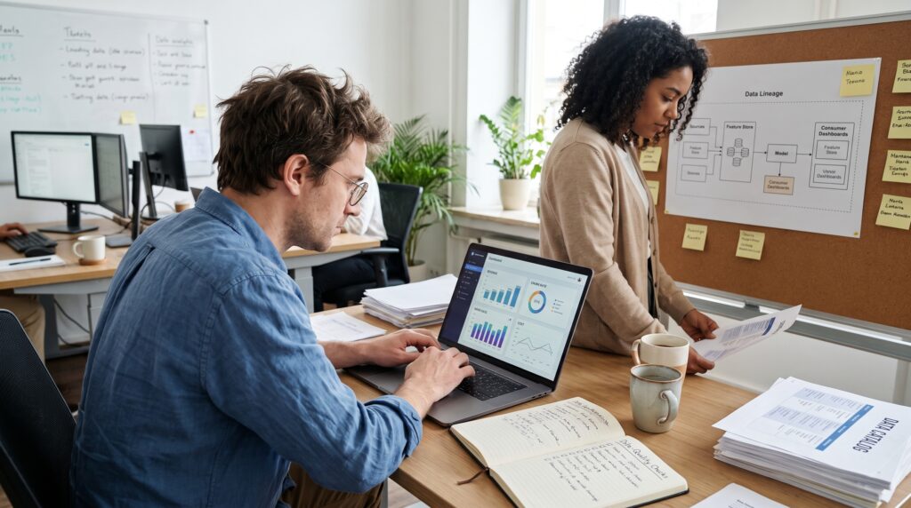 Un data scientist analysant des données sur un ordinateur portable, tandis qu'une collègue examine des documents dans un bureau moderne.
