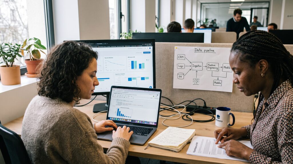 Deux data scientists travaillant ensemble sur un ordinateur, avec des graphiques et des notes sur un bureau.