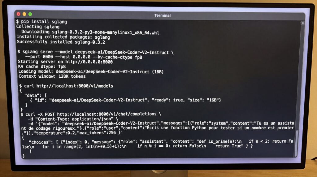 Écran de terminal affichant des lignes de code pour Deepseek Coder V2, une IA dédiée aux développeurs.